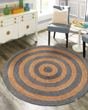 Round Gray and Natural Jute Area Rug in Modern Living Room