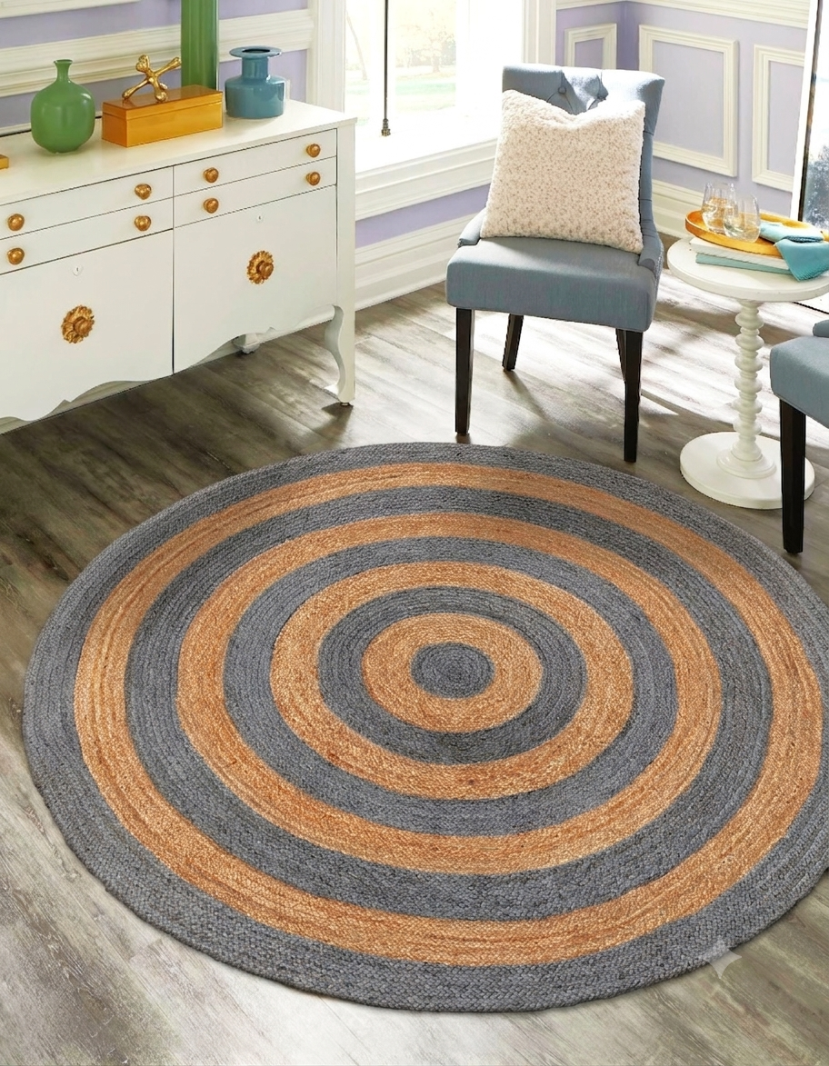 Round Gray and Natural Jute Area Rug in Modern Living Room