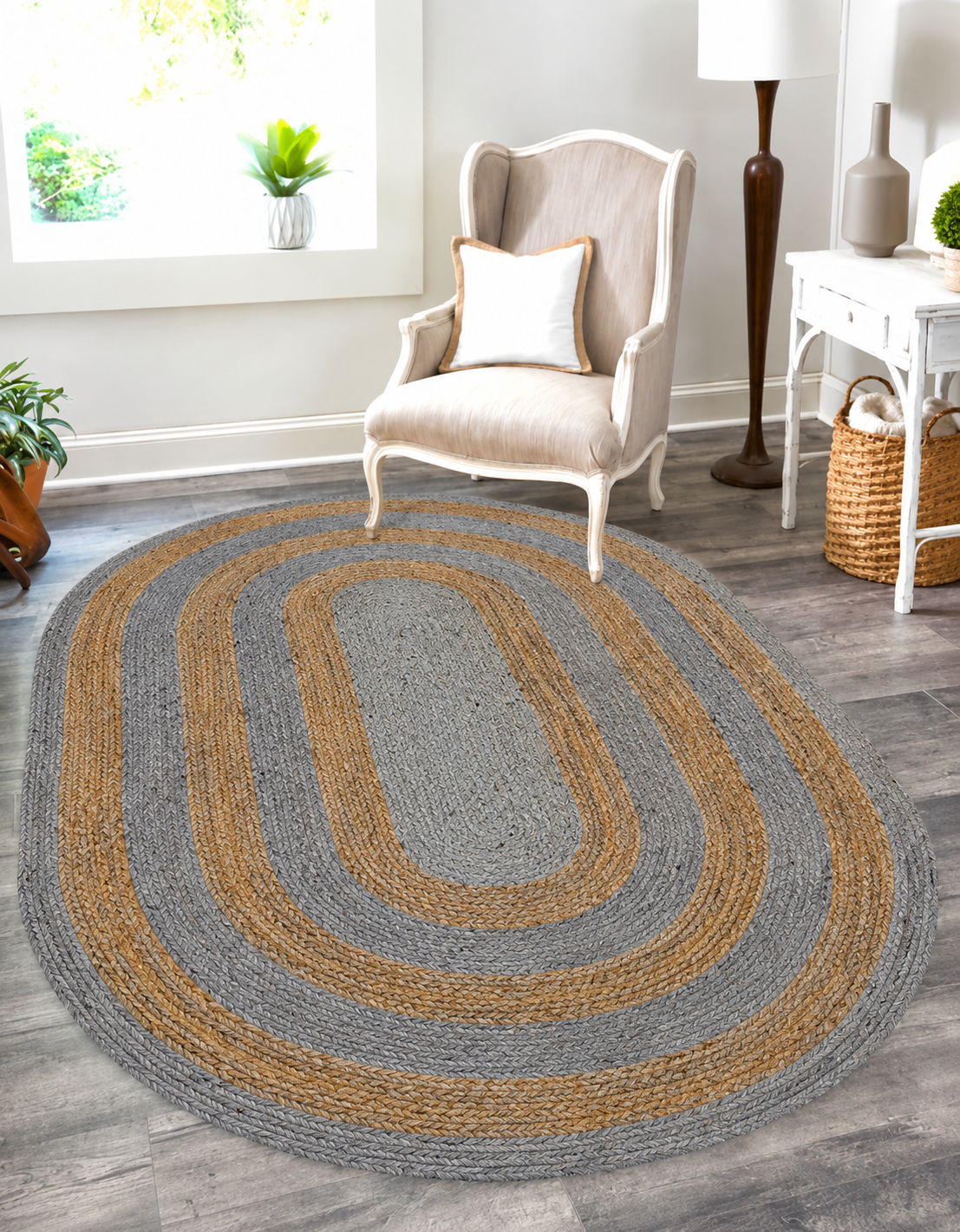 Handwoven Oval Gray Natural Jute Rug for Living Room Bedroom and Hallway