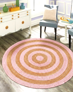 Round Pink and Natural Jute Area Rug in Modern Living Room Decor