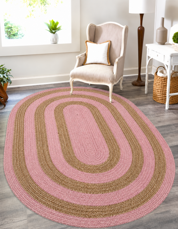 Handwoven Oval Pink Natural Jute Rug for Living Room Bedroom and Hallway