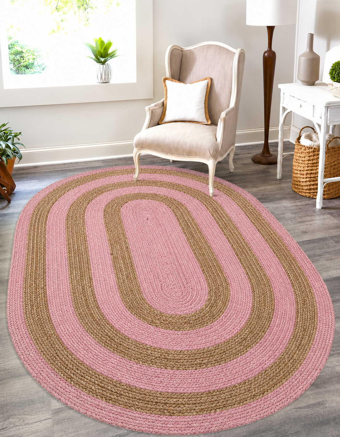 Handwoven Oval Pink Natural Jute Rug for Living Room Bedroom and Hallway