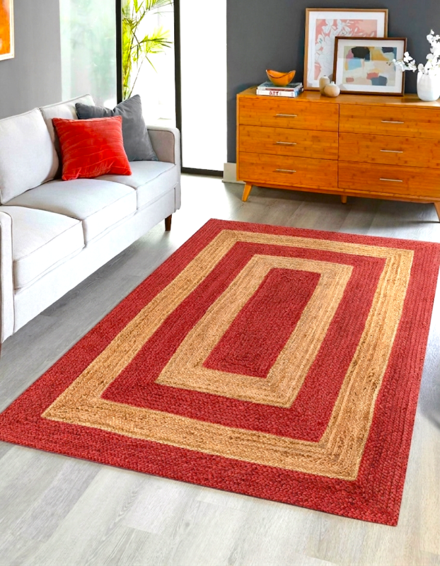 Red and Natural Jute Area Rug in Modern Living Room Decor