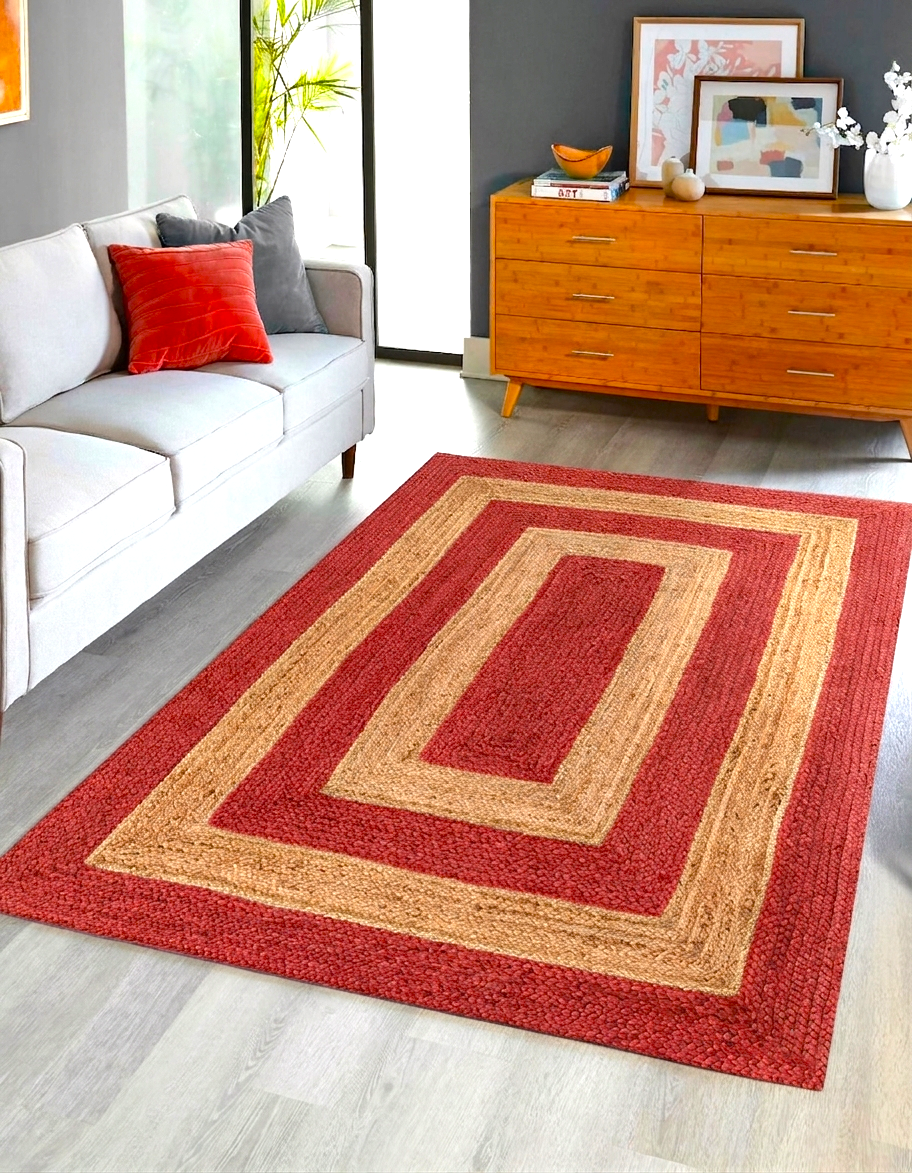 Red & Natural Handmade Jute Area Rug Red and Natural Jute Area Rug in Modern Living Room Decor
