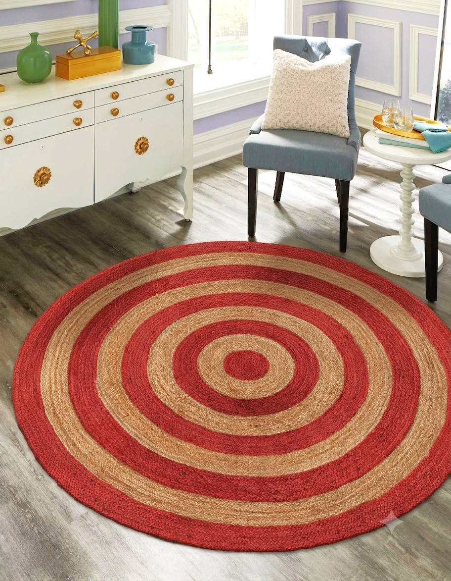 Handwoven Round Red Natural Jute Rug for Living Room Bedroom and Entryway