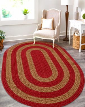 Red and Natural Oval Jute Area Rug in Modern Living Room Decor