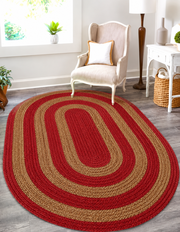 Red and Natural Oval Jute Area Rug in Modern Living Room Decor