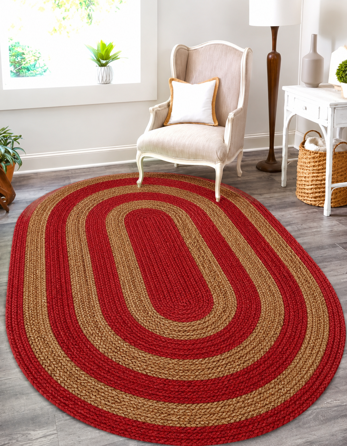 Red and Natural Oval Jute Area Rug in Modern Living Room Decor