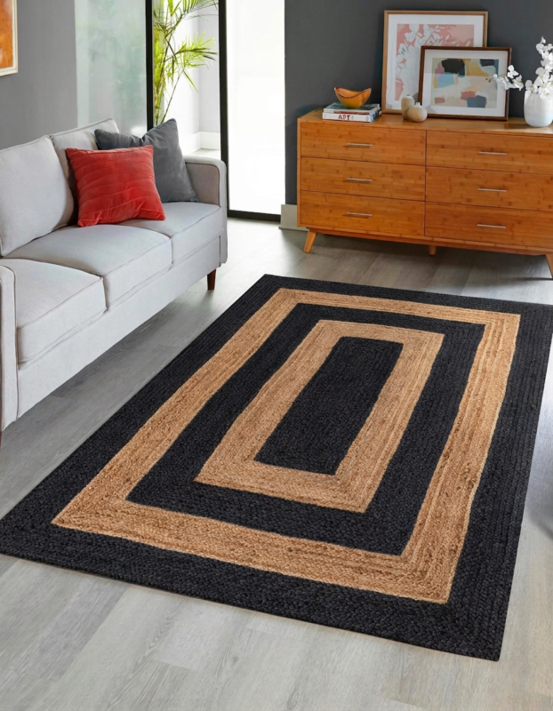 Handmade Black and Natural Rectangle Jute Rug Braided Area Rug
