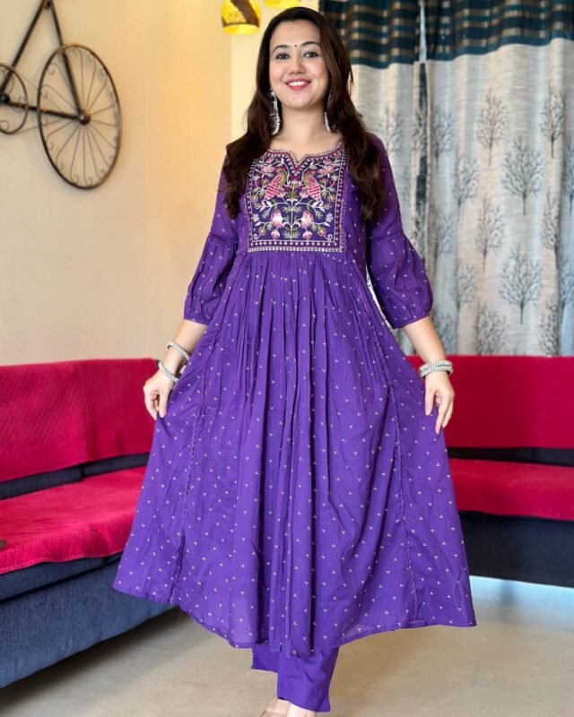 Purple Pure Cotton Embroidered Frock Kurta Set with Pants & Dupatta