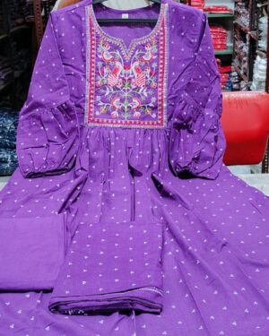 Purple Pure Cotton Embroidered Frock Kurta Set with Pants & Dupatta