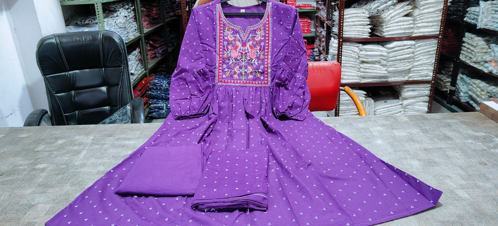 WhatsApp Image 2026-08-08 at 11.21.19 AM Purple Pure Cotton Embroidered Frock Kurta Set with Pants & Dupatta